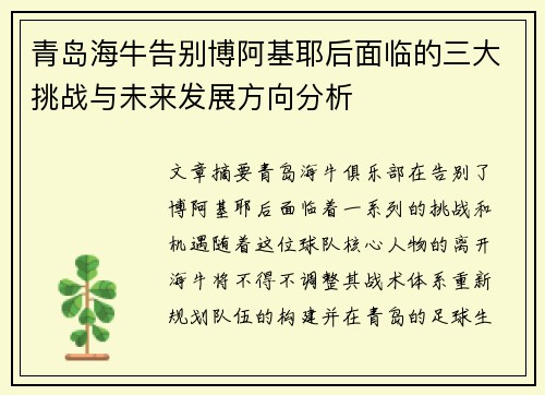 青岛海牛告别博阿基耶后面临的三大挑战与未来发展方向分析
